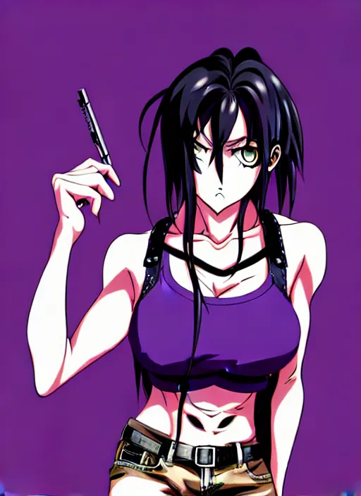 Image similar to style of madhouse studio anime, black lagoon manga, loish, artgerm, rafael albuquerque comic art, portrait of revy from black lagoon, symmetrical eyes and symmetrical face, jean shorts, white tank top, purple hair, sarcastic evil smirk on face, sky and ocean background