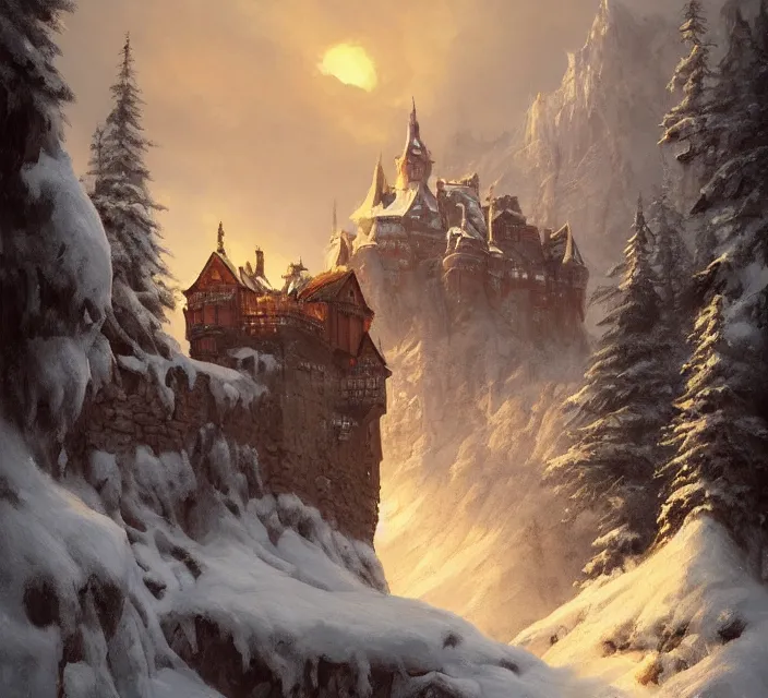 Prompt: a painting of a castle in the middle of a snowy mountain, a detailed matte painting by andreas rocha and greg rutkowski, sunset, featured on artstation, fantasy art, matte drawing, matte painting, artstation hq