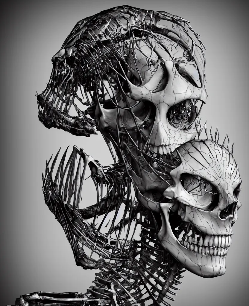 Image similar to close-up macro portrait of the face of a beautiful fashion girl with makeup, epic angle and pose, ribcage skeleton symmetrical artwork, 3d with depth of field, blurred background, cybernetic machine female face, translucent, nautilus, energy flows of love and hate, a highly detailed epic cinematic concept art CG render. made in Maya, Blender and Photoshop, octane render, excellent composition, cinematic dystopian brutalist atmosphere, dynamic dramatic cinematic lighting, aesthetic, very inspirational, arthouse, Greg Rutkowski, Ilya Kuvshinov, WLOP, Stanley Artgerm Lau, Ruan Jia and Fenghua Zhong