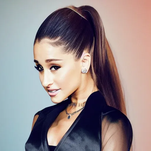 Image similar to HD realistic photograph of Ariana Grande. Zoomed in face portrait. Beautiful 130mm photography, award-winning. Everyone is such a big fan of this pop princess. HD Face. ID Badge photo. LinkedIn photo. Professional photo. Slender face, cat-eye makeup. countoured makeup. Ponytail.