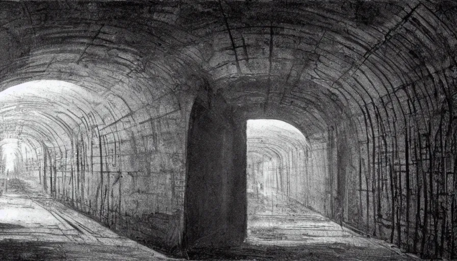 Prompt: 1 9 7 0 s andrei tarkovsky movie still of a neoclassical tunnel, by piranesi, panoramic, ultra wide lens, cinematic light, anamorphic