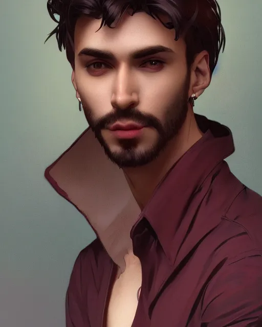 Prompt: 3 / 4 portrait, male vampire, brown skin, night, long dark red hair, dark blue shirt, beautiful, modern, detailed background, jewelry, earrings, ilya kuvshinov, alphonse mucha, william bouguereau, rossdraws, greg rutkowski, super detailed, realistic, octane render, volumetric, cinematic, 8 k