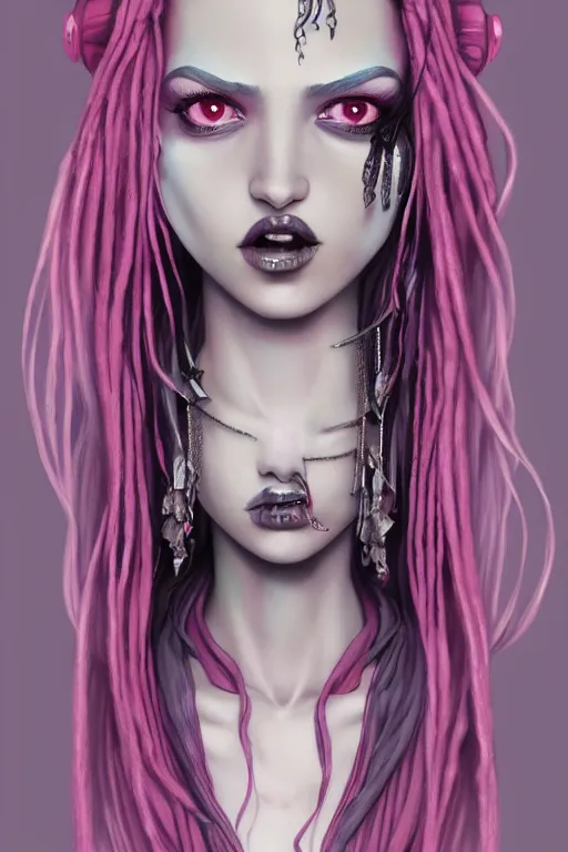 Prompt: vaporwave, an elegant sophisticated gothic queen with long pink dreads, straight on, by artgerm, jamie hewlett, tom bagshaw, gerald brom, 4 k, smooth, hd, substance designer render, full body character concept art, cel shading, toon shading,