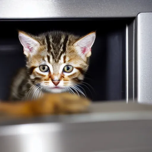 Image similar to a tabby kitten inside a kitchen oven looking at camera