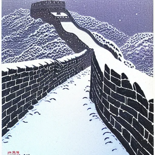 Image similar to The Great Wall, snowy day, Kawase Hasui