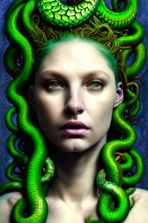 Prompt: hyperrealistic mixed media painting of beautiful Medusa, green scaley serpents in her hair, pale skin, serious evil expression, full body, stunning 3d render inspired art by P. Craig Russell and Barry Windsor-Smith + perfect facial symmetry + dim volumetric lighting, 8k octane beautifully detailed render, post-processing, extremely hyperdetailed, intricate, epic composition, grim yet sparkling atmosphere, cinematic lighting + masterpiece, trending on artstation, very very detailed, masterpiece, stunning