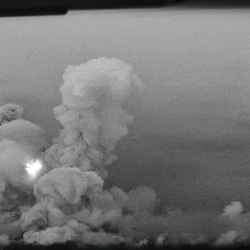 Image similar to combat drone strike war footage, black and white with green tint, very high contrast, nuclear cloud, high angle vertical, dirty, grainy, bad drone camera