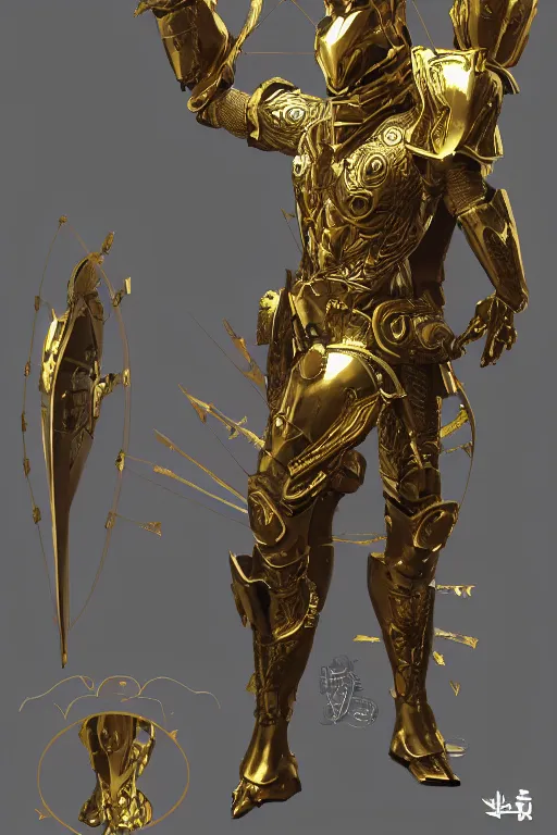 Prompt: a new golden armor zodiac Knight by tatsuya Yoshikawa artist Rendering the frog constellation armor . full of details, by utsurowazaru mono and jet set radio , Matte painting, trending on artstation and unreal engine