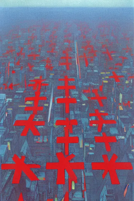 Image similar to Three giant red crosses in the center of a city from Neon Genesis Evangelion by Peter Elson