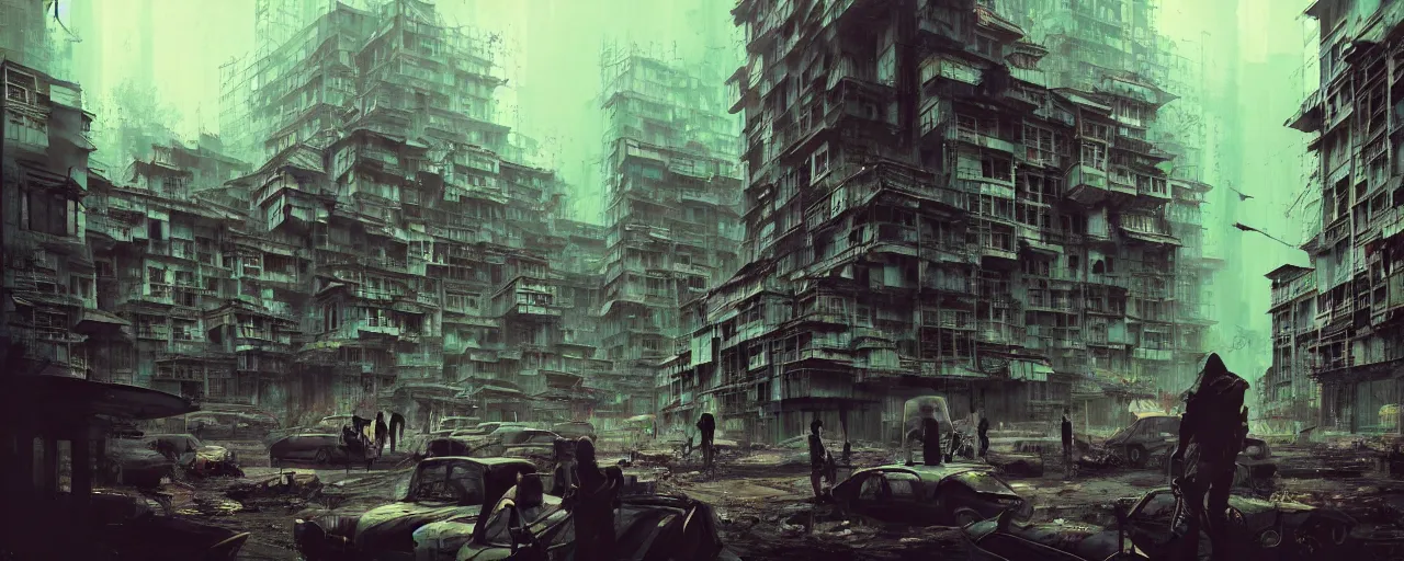 Image similar to duotone noir concept illustration inside of kowloon walled city stimulus overload groups of people scavenging octane render, concept hideo kojima surreal atmosphere, abandoned buildings volumentric lighting. cosmic horror. accidental renaissance. by sachin teng and sergey kolesov and ruan jia and heng z. graffiti art, scifi, fantasy, hyper detailed. trending on artstation