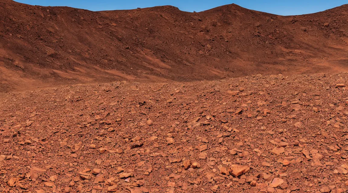 Image similar to stunning large format photograph, beautiful cinematic perspective of a dramatic martian mountainside, reddish brown color scheme rocks and soil and distant mountains, variegated soil, smooth clear blue sky, in the style of jeff wall, hazy sunlight, crisp details, 10k with post-processing