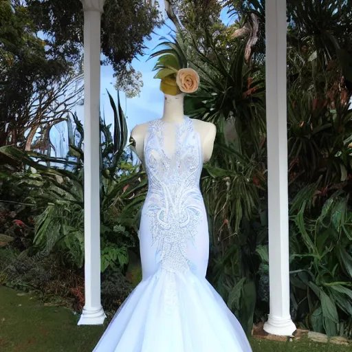 Image similar to full view, a beautiful full detailed ocean inspired wedding dress, put on a mannequin