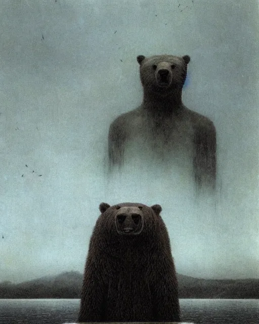 Prompt: giant terrifying bear god above a honey pond, scary, foreboding, mysterious minimalistic, by beksinski