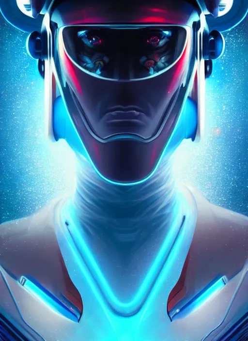 Image similar to a futuristic cyber astronaut, sci fi, glowing aura, volumetric lights, red and cyan theme, art nouveau alien botanicals, intricate, highly detailed, digital painting, artstation, concept art, smooth, sharp focus, cinematic, illustration, beautiful face, art by artgerm and greg rutkowski and alphonse mucha, clear background