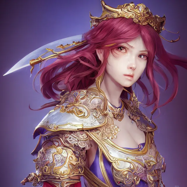 Prompt: studio portrait of lawful good colorful female holy paladin as absurdly beautiful, elegant, young sensual anime girl, ultrafine hyperrealistic detailed face illustration by kim jung gi, irakli nadar, intricate linework, sharp focus, bright colors, matte, octopath traveler, final fantasy, unreal engine highly rendered, global illumination, radiant light, intricate environment