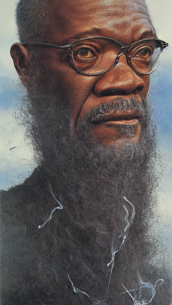 Image similar to portrait of samuel jackson, by alan lee, intricate, smoke trails, lord of the rings calendar, smooth, detailed terrain, oil painting