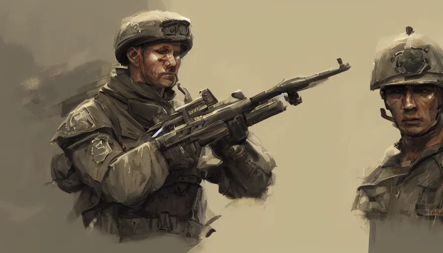 Image similar to soldier, concept art by jama jurabaev, extremely detailed, trending on artstation, high quality, brush stroke