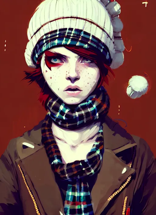 Image similar to highly detailed portrait of a sewer punk lady student, freckles, beanie cap, tartan scarf, white hair by atey ghailan, by greg rutkowski, by greg tocchini, by james gilleard, by joe fenton, by kaethe butcher, gradient, orange, black, brown and cream color scheme, grunge aesthetic!!! white graffiti tag wall background