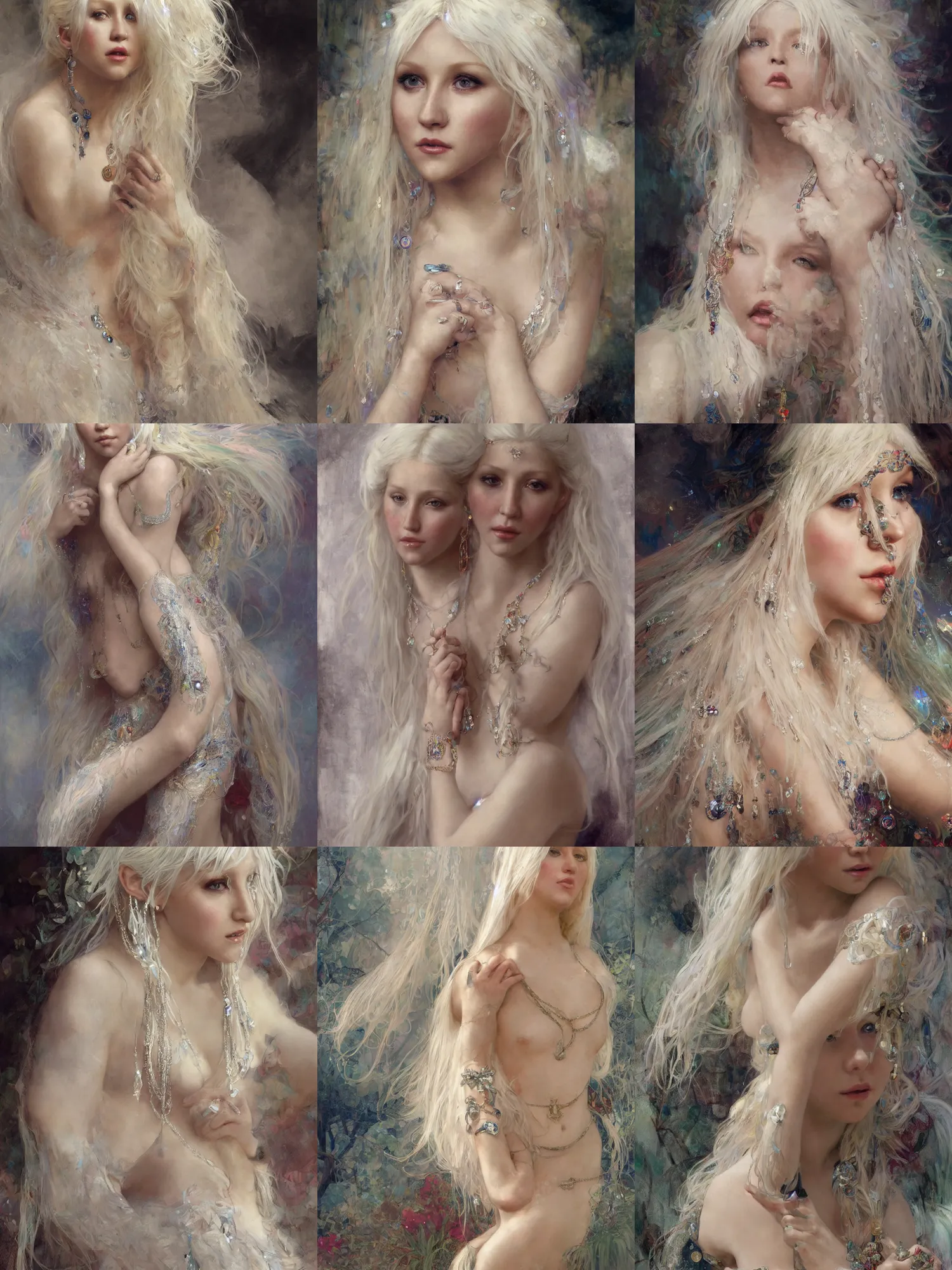 Prompt: a highly detailed barefoot white haired christina aguilera girl, adorned with precious stones, intricate line drawings by jeremy mann and alphonse mucha, 8 k resolution, trending on artstation, very very detailed, masterpiece, stunning