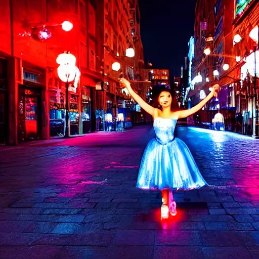 Image similar to princess dancing in the street during the night with a blue and red moon shining on the city, blue and warm lights, radiant light