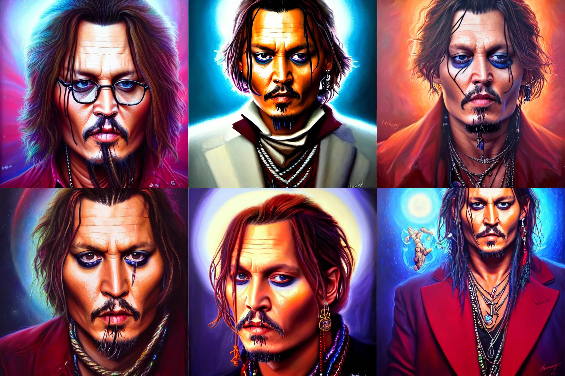 Prompt: portrait of johnny depp by mandy jurgens, cartoon, oil painting, visionary art, symmetric, magic symbols, holy halo, dramatic ambient lighting, high detail, vibrant colors,