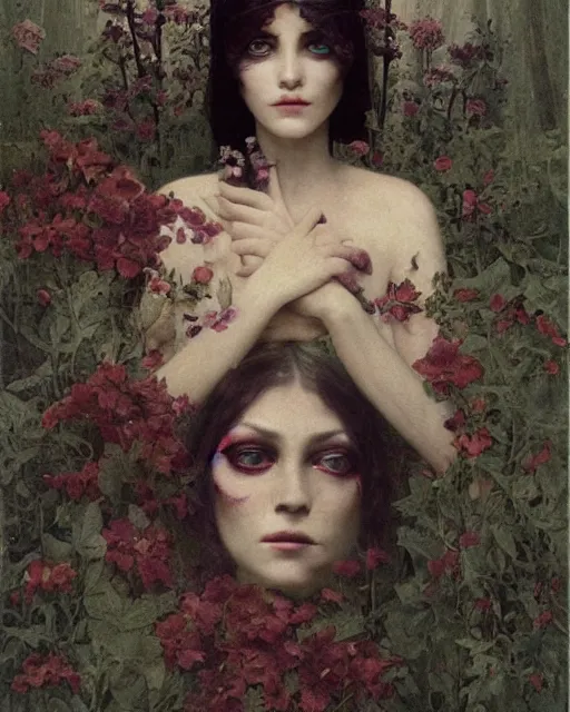 Image similar to a beautiful but sinister and creepy woman in layers of fear, with haunted eyes, violence in her eyes, putting on lipgloss, 1 9 7 0 s, seventies, delicate embellishments, a little blood, woodland, moonlight shining on wildflowers, painterly, offset printing technique, by alexandre cabanel