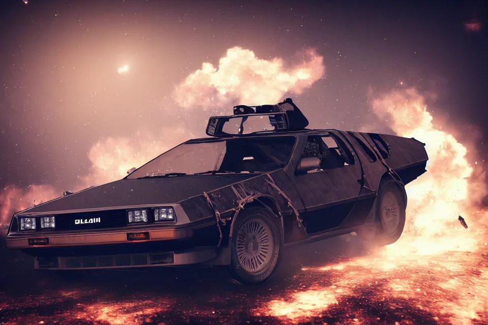 Image similar to ultra realistic delorean dmc 5 drifting on touge wreckage in space, photo from space, dark cinematic, volumetric, realistic, 3 d render, realistic render, cinematic lighting, volumetric lighting, atmospheric, cinematic, unreal engine 5, unreal engine render, octane render, hd, photorealism, hyper realistic, 8 k