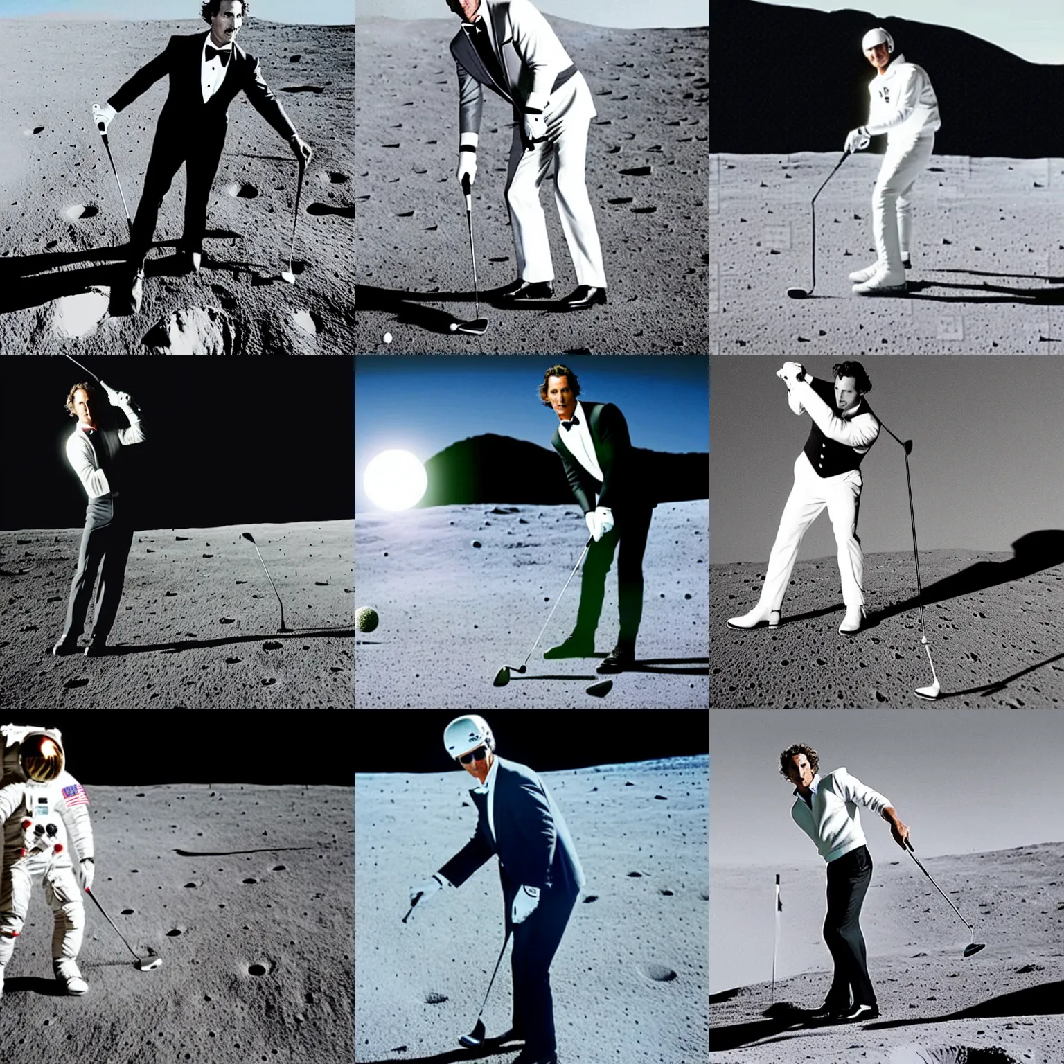 Prompt: a photo of matthew mcconaughey in a tuxedo, playing golf on the moon.