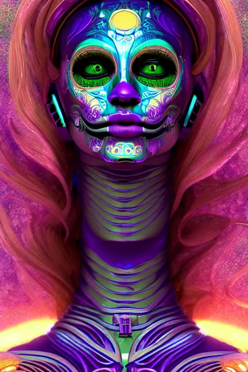 Image similar to ultra detailed female android deity, 8 k, still from a movie!!, flowerpunk, psychedelic vector art!!!, digital painting, sci - fi, fantasy, ( dia de los muertos ), asymmetrical,!! concept art, art by artgerm and giger and michael welan and alphonse mucha and loish and wlop