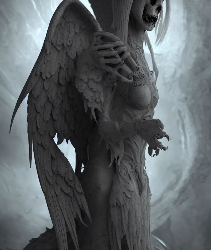 Image similar to intricate detail of angel of death, highly detailed, hollow marble, shadows, octane render, marble texture, high detail, warm lighting, volumetric, godrays, vivid, beautiful, neo - gothic, gothic, character concept design