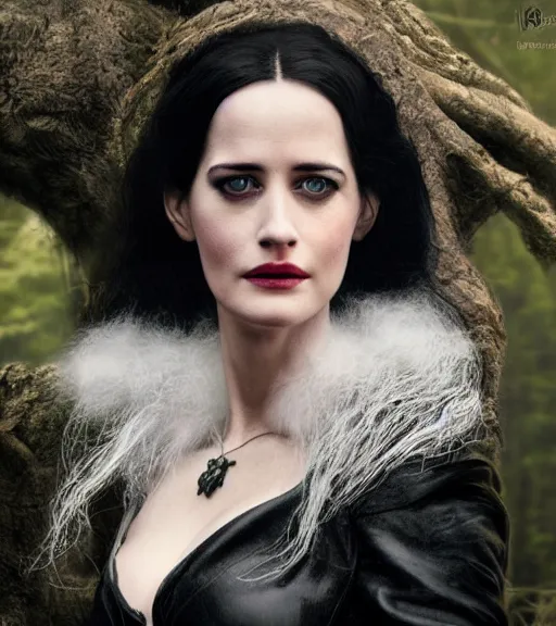 Image similar to 5 5 mm close up portrait photo of eva green as yennefer of vengerberg in black leather armor and long black fluff hair, in a forest. magical atmosphere. art by greg rutkowski. lifelike. very detailed 8 k. intricate. soft light. nikon d 8 5 0.