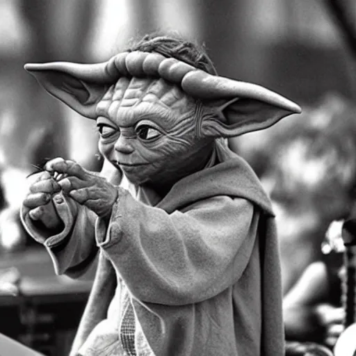 Image similar to yoda performing at woodstock