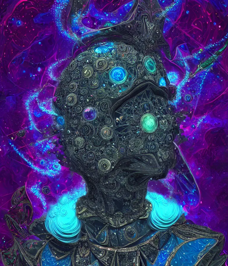 Image similar to front!!! shot of a court jester!!! character, mesmerizing fractal hypercubes, dark holography!!!, future, oil slick nebula, crystalline edges, (((intricate))), elegant, highly detailed, centered, (((artstation, concept art, jagged, sharp focus, artgerm, Tomasz Alen Kopera, Peter Mohrbacher, donato giancola, Joseph Christian Leyendecker, WLOP, Boris Vallejo))), ((raytracing)), mugshot!!!!!, ugly!!!!!!, octane render, nvidia raytracing demo, octane render, nvidia raytracing demo, octane render, nvidia raytracing demo, grainy, muted, 8K, digitalblasphemy, metatron