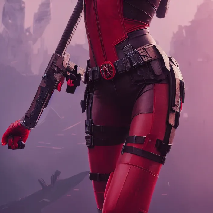 Image similar to taylor swift as lady deadpool. intricate abstract. intricate artwork. by tooth wu, wlop, beeple, dan mumford. octane render, trending on artstation, greg rutkowski very coherent symmetrical artwork. cinematic, hyper realism, high detail, octane render, 8 k, iridescent accents