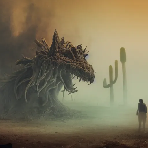 Prompt: Giant smoke monster with large teeth coming out of the ground, thick swirling smoke, mist, air particles, sandstorm, dramatic lighting, Byzantine ruins, surrounded by priests, worshipers, desert, cinematic, trending on artstation