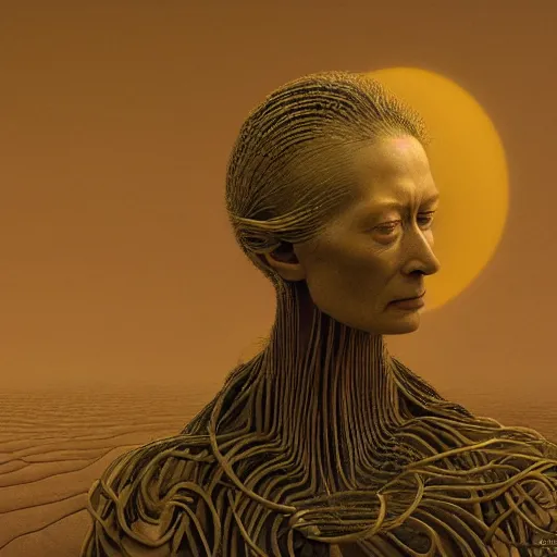 Prompt: Woman masterpiece, Tilda Swinton, yellow, golden halo behind her head, wires everywhere, by Edgar Maxence and Ross Tran, Zdzisław Beksiński, and Michael Whelan, distant, gustav dore, H.R. Giger, 8k, octane render