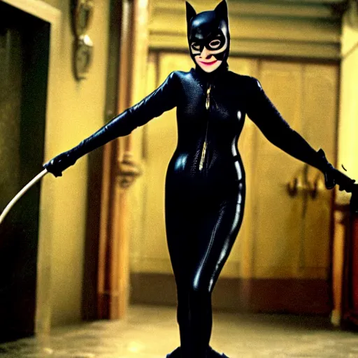 Image similar to mr. bean as catwoman from the batman movie. movie still. cinematic lighting.