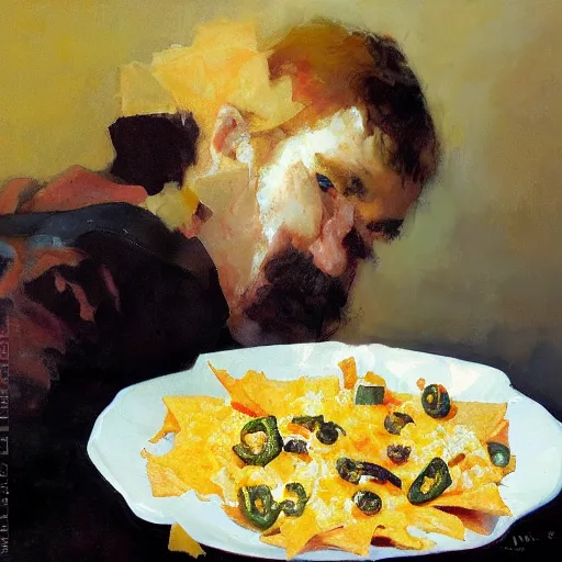 Image similar to portrait nachos with cheese and jalapeno, white background, detailed painting, epic lighting, by ilya repin, phil hale and kent williams