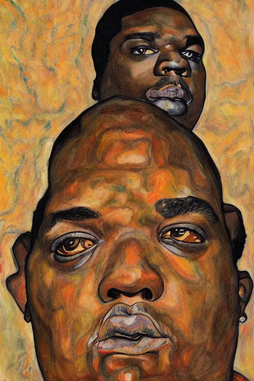 Image similar to a wonderful portrait of biggie small in style of egon schiele, masterpiece, hyperdetailed, complex, intricate, 4 k, trending on artstation
