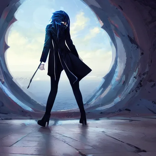 Image similar to low - angle shot from behind of a long blue - haired girl in a tailcoat overlooking demacia, combat boots, noir, screenshot, sharp focus, intricate, illustration, cell shaded, digital painting, highly detailed, straight hair, art by ilya kuvshinov, wlop, greg rutkowski, studio quality, james jean