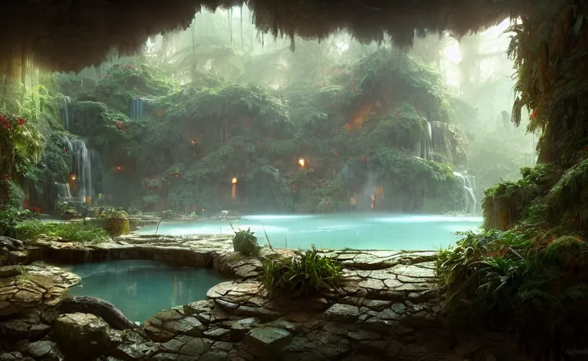 Image similar to painting of an interior of a hot spring in the mountains, fantasy, lush plants and flowers, natural light, concept art, by greg rutkowski and craig mullins, cozy atmospheric and cinematic lighting, trending on artstation