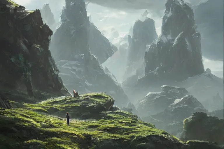 Prompt: Brutalist Shiro on a mountain surrounded by manicured gardens, amazing cinematic concept painting, by Jessica Rossier