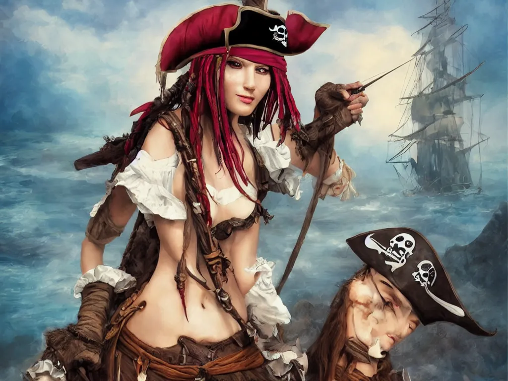 Image similar to pirate bae, trending on artstation, cover page, pirate bay