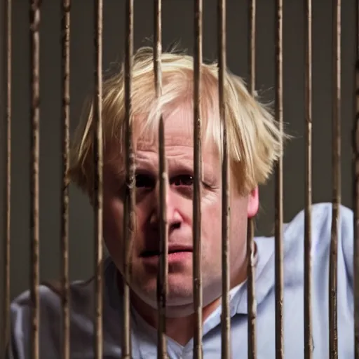 Prompt: movie scene of boris johnson behind bars, photorealistic, highly detailed 8 k