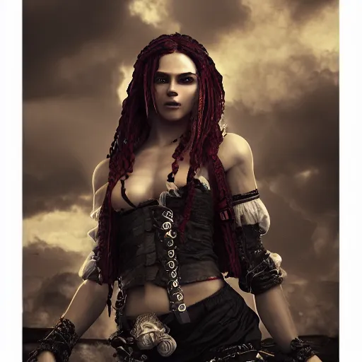 Image similar to full body pose, professional photograph of a beautiful pirate woman, dim volumetric lighting, 8 k, octane beautifully detailed render, extremely hyper detailed, intricate, epic composition, cinematic lighting, masterpiece, trending on artstation, very very detailed, stunning, hdr, smooth, sharp focus, high resolution, award, winning photo, dslr, 5 0 mm