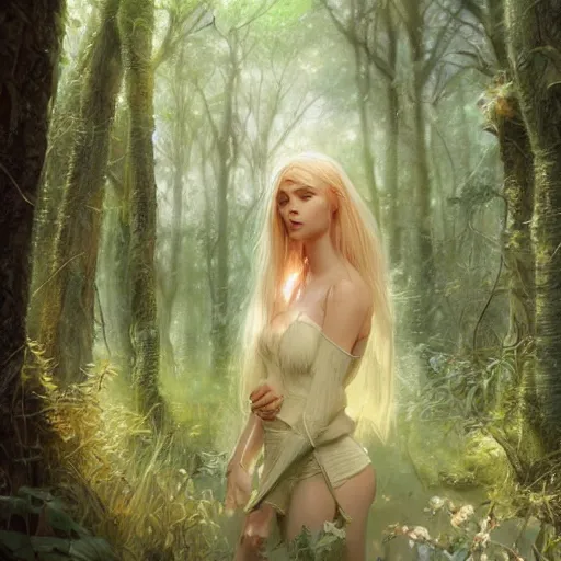 Image similar to blonde woman inside fairy forest, digital art, photorealistoc, art by greg rutkowski, hyperdetailed, western comic style, comic, comic style, sharp lineart, professional lighting, deviantart, artstation, trevor henderson, rossdtaws, cinematic, dramatic