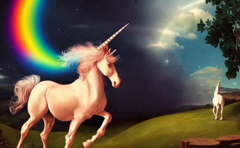 Image similar to a lonely unicorn walking on a rainbow in the universe in the style of Caravaggio, digital art, high quality, highly detailed, high coherence, anatomically correct, Caravaggio, concept art, marterpiece