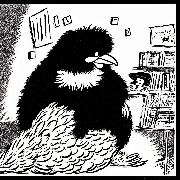 Prompt: a still frame from comic strip, a portrait of big black fluffy furry sleeping bird 1 9 5 0, herluf bidstrup, new yorker illustration, monochrome bw, lineart, manga, tadanori yokoo, simplified,