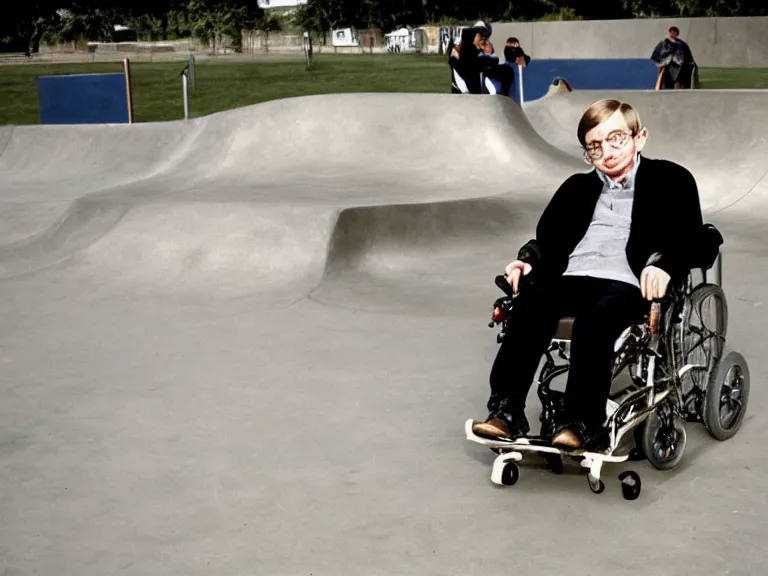 Image similar to a color photo of Stephen hawking in a Skatepark
