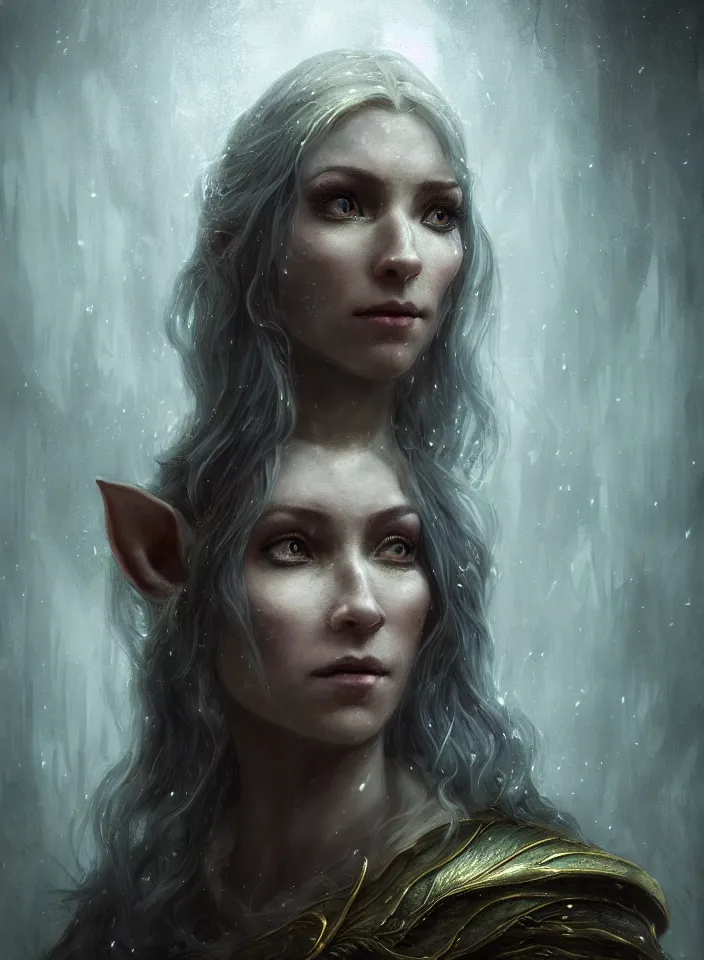 Image similar to a closeup portrait of an elven sorceress exploring an abandoned house from skyrim, fantasy setting, cold environment, serene colors, soft lighting, atmospheric, cinematic, moody, in the style of diego koi, gina heyer, luiz escanuela, art by alyssa monk, depth, hyperrealism, rule of thirds, golden ratio, oil on canvas, 8 k